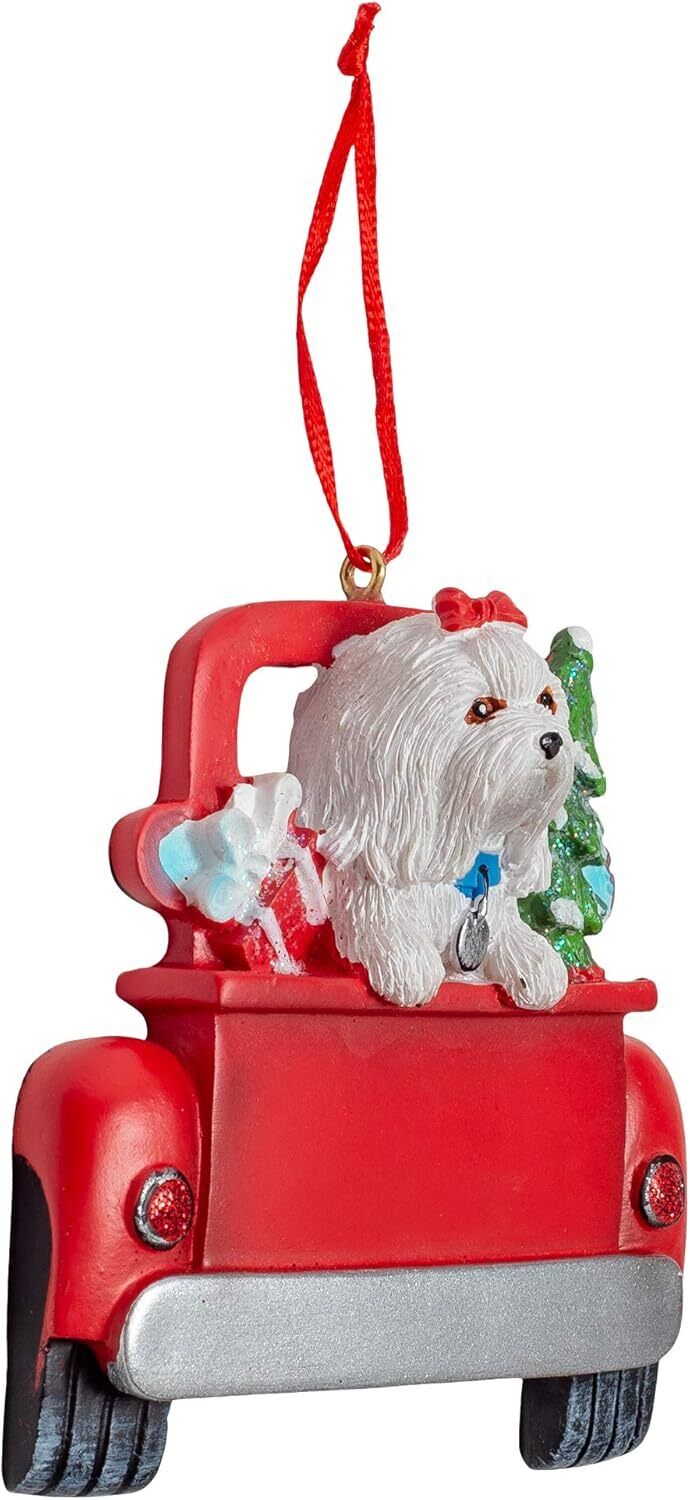 Kurt Adler Maltese Dog in Back of Truck Hanging Ornament 5 in. High,
