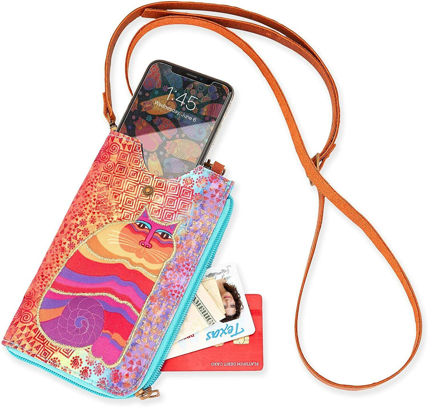 Laurel Burch Crossbody Cell Phone Purse - Wishing Love Canvas (A. Blue Cat)