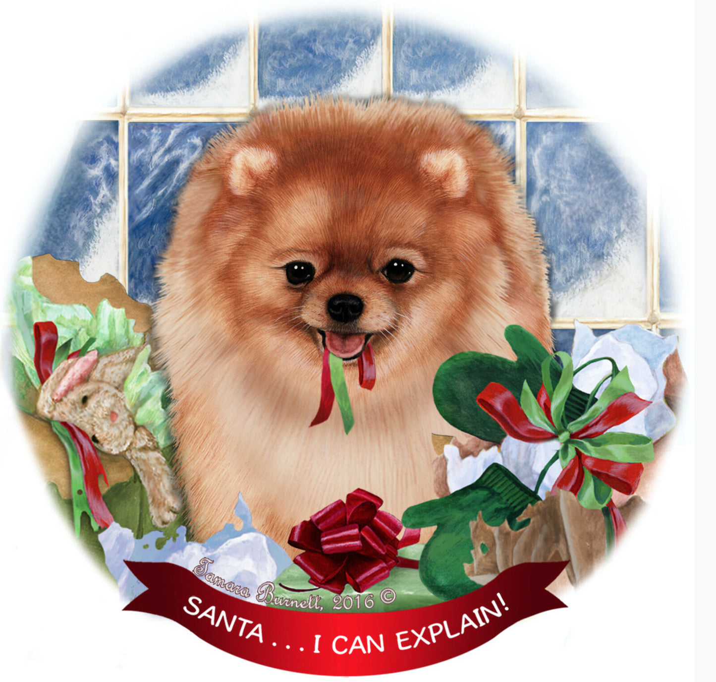 Fawn Pomeranian Dog Porcelain Hanging Ornament Pet Gift 'Santa.. I Can Explain!'