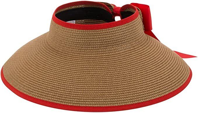 Straw Summer Sun Visor Beach Hat Wide Brim with Bow Adjustable (Red)