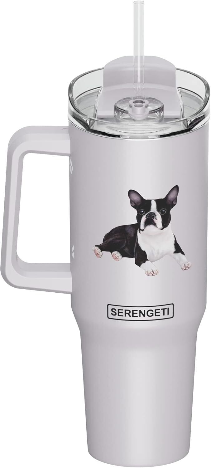 Serengeti 40 Oz Boston Terrier Dog Stainless Steel Tumbler w Handle, Straw & Lid