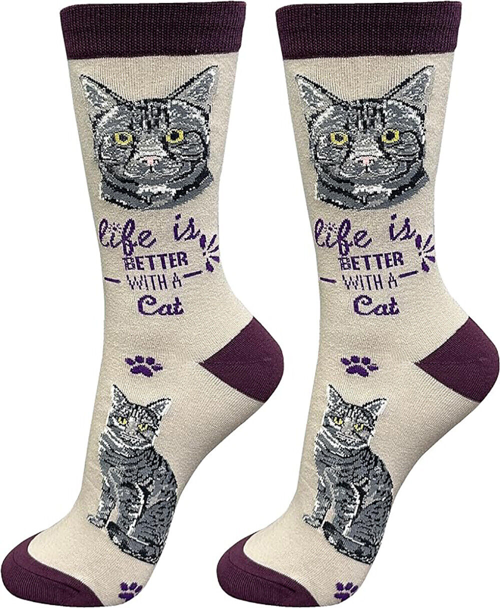 E&S Pets Pet Lover Socks, Life is Better with a Silver Grey Tabby Cat