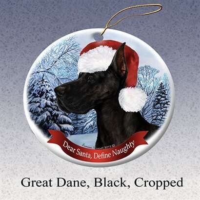 Holiday Pet Gifts Great Dane (Cropped) Black Santa Hat Dog Porcelain Ornament