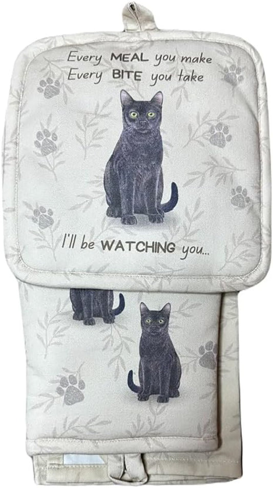 Black Cat 3-Piece Kitchen Set - Oven Mitt, Pot Holder & Kitchen Towel Set