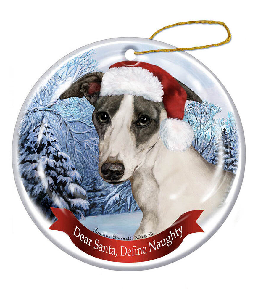 Holiday Pet Gifts Blue Whippet Santa Hat Dog Porcelain Christmas Tree Ornament