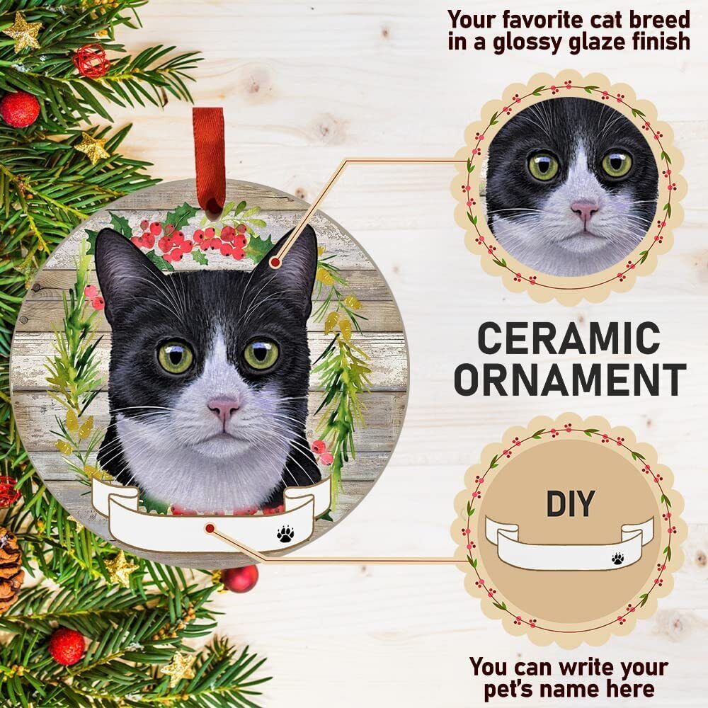 Tuxedo Cat Ornament - E&S Pets - DIY Personalizable, Ceramic Round Ornament
