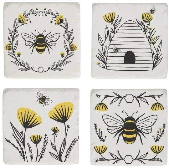 Ganz CB175338 Bee and Floral Coaster, Set of 4, 4-inch Square