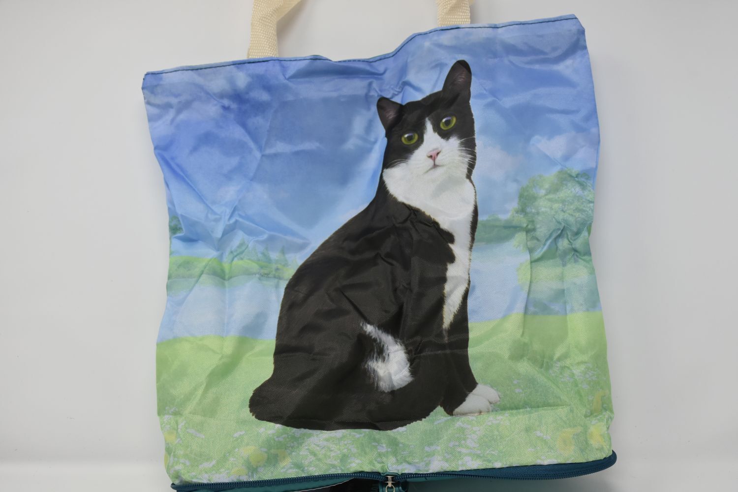 Black and White Cat Foldable Tote Bag - Durable, Waterproof - Zipper Market Tote