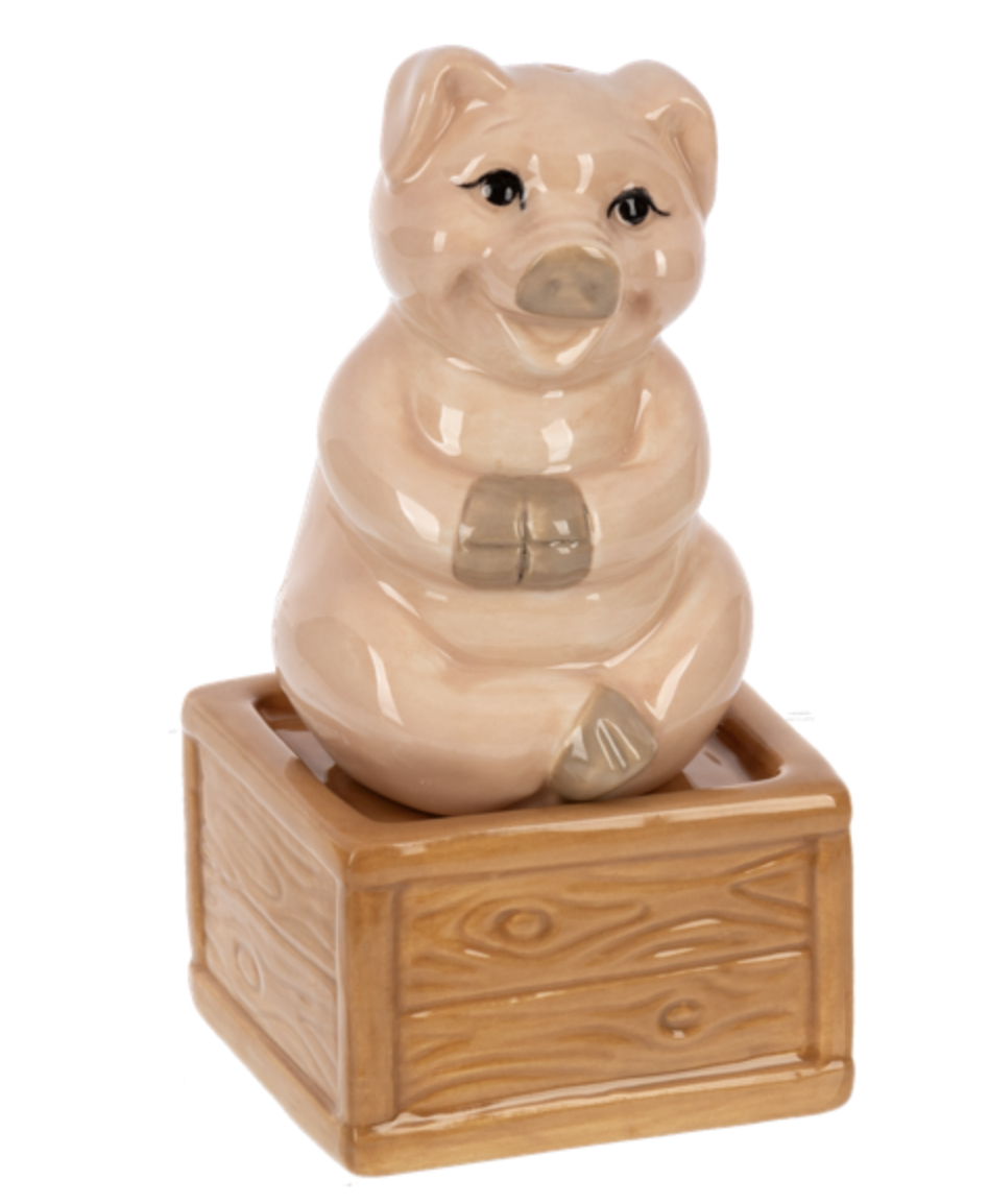 Ganz Ceramic Stacking Salt & Pepper Shaker Set, Pig and Box Crate