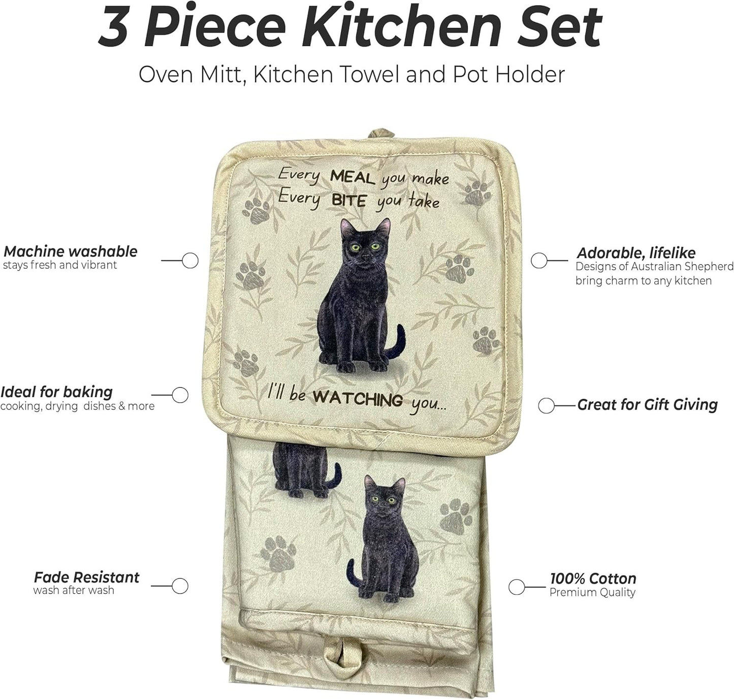 Black Cat 3-Piece Kitchen Set - Oven Mitt, Pot Holder & Kitchen Towel Set