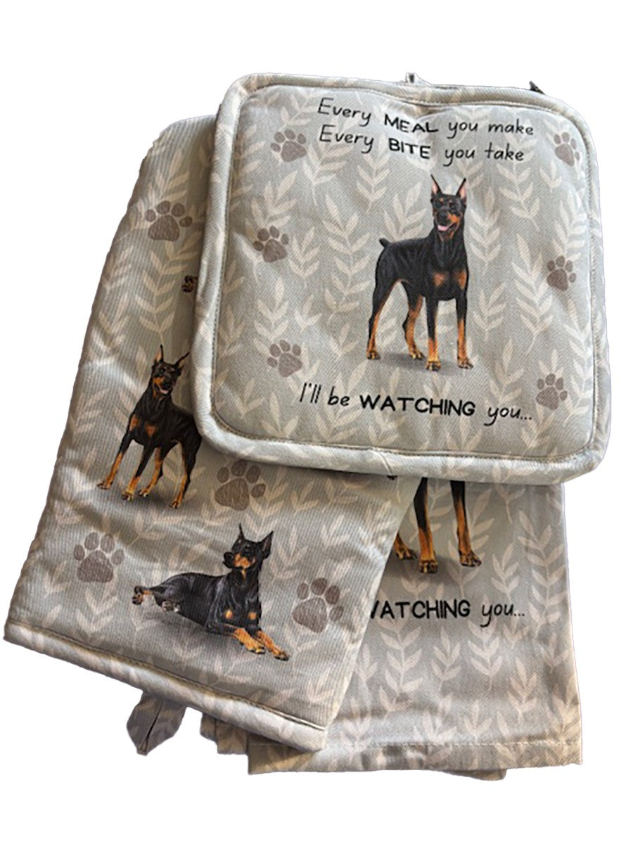 E&S Pets Doberman 3 Piece Kitchen Set - Oven Mitt, Towel, Pot Holder