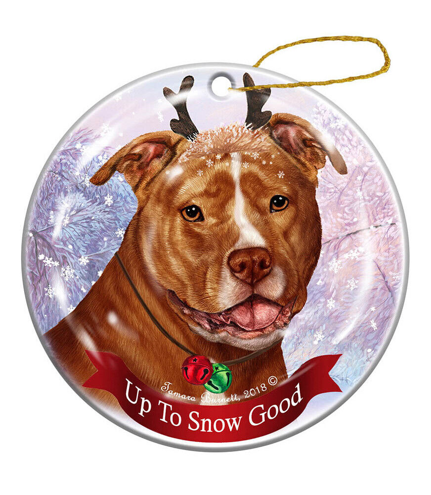 Holiday Pet Gifts Orange and White Pit Bull Uncropped Dog Porcelain Christmas