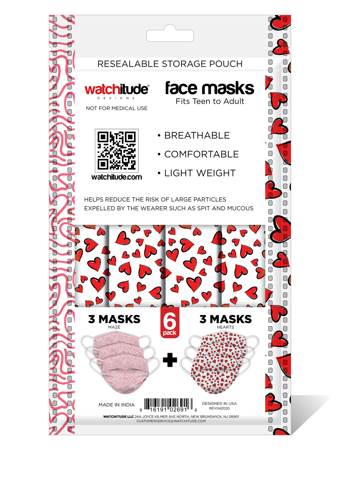 Watchitude Fun Face Masks for Adults/Teens - 6 pack - Hearts, Pink Maze