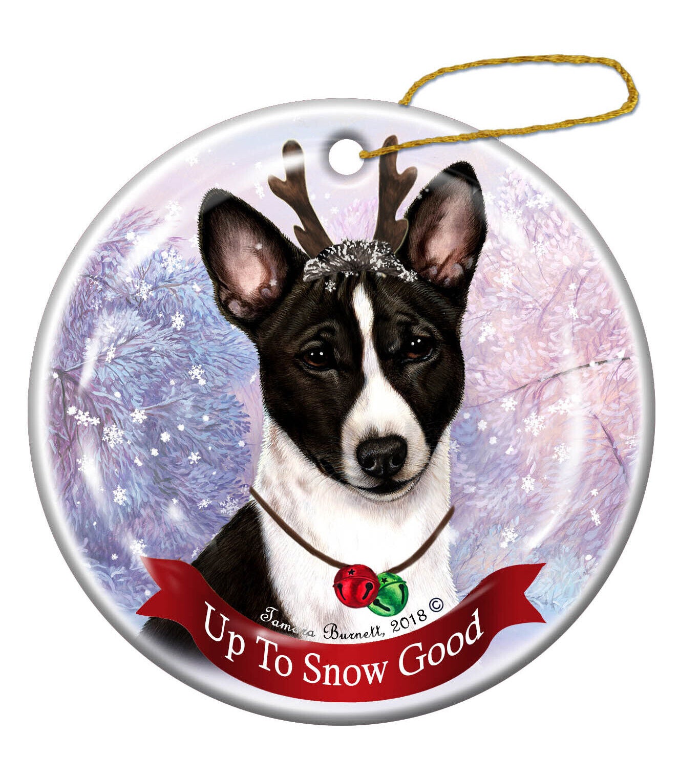 Holiday Pet Gifts Basenji Black/White Reindeer Dog Porcelain Christmas Ornament