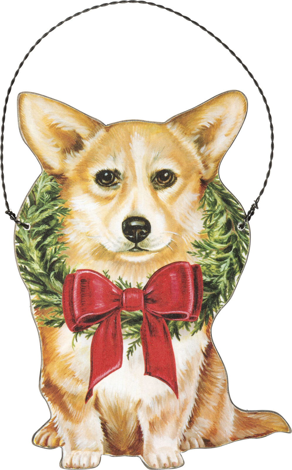 Primitives By Kathy Corgi with Wreath Wooden Christmas Ornament