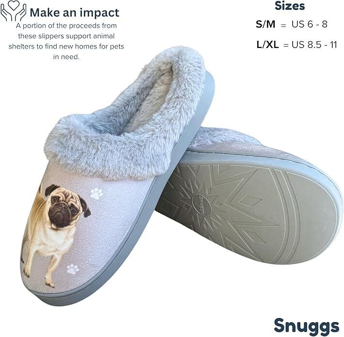 E&S Pets Tan Pug Snugg Slippers for Pet Lovers - Fuzzy Memory Foam, L/XL