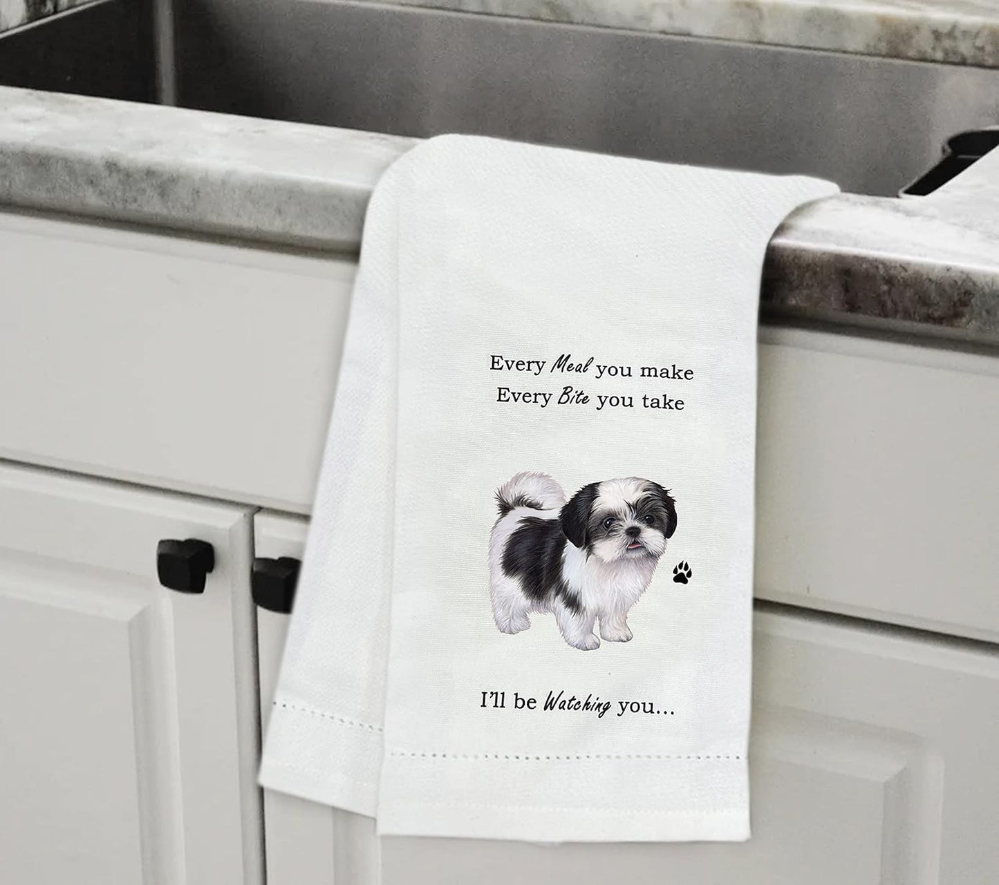 E&S Pets 711-87b Black and White Shih Tzu Puppy Cut Dog Kitchen Towel, Off-white