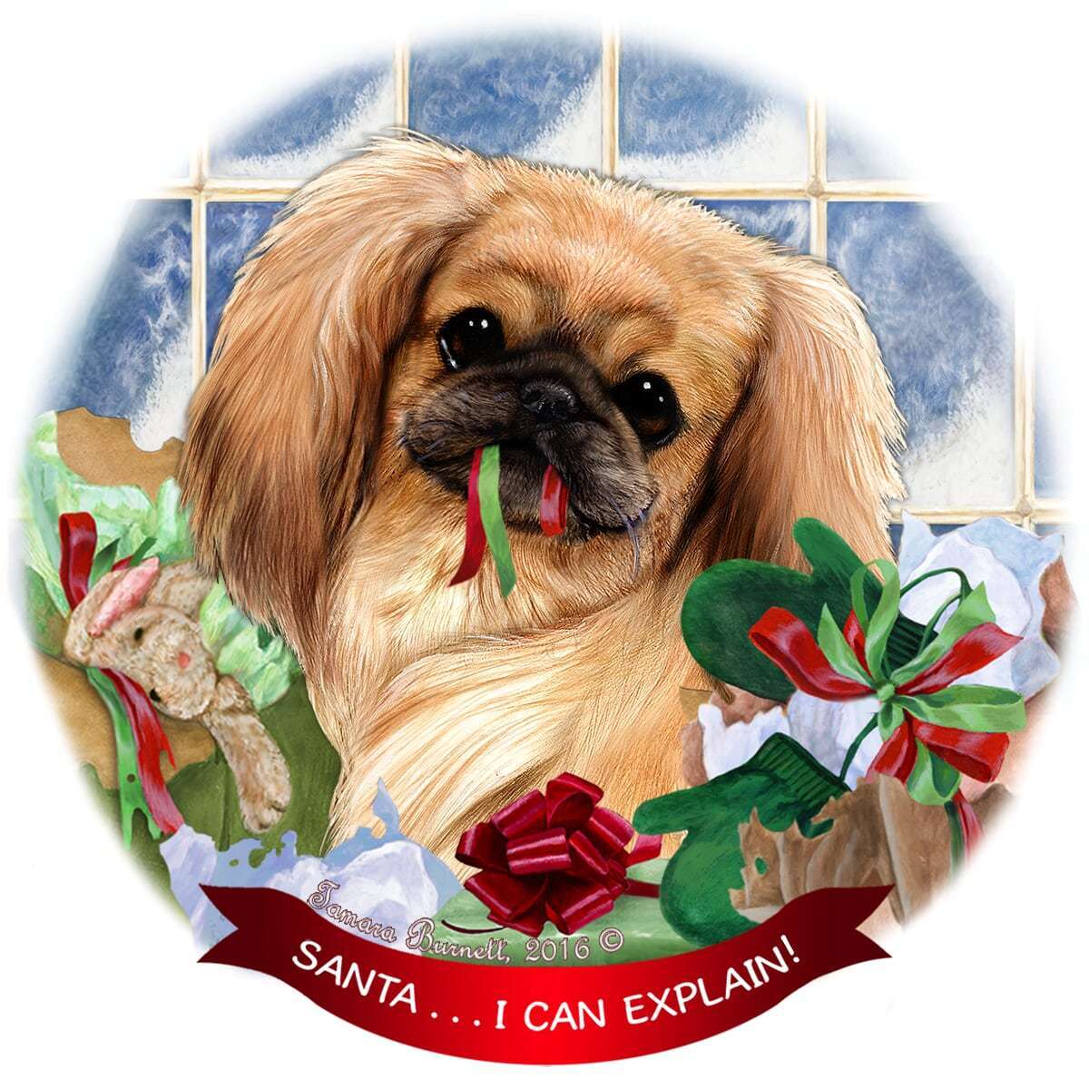 Cream and Sable Pekingese Dog Porcelain Ornament 'Santa.. I Can Explain!'