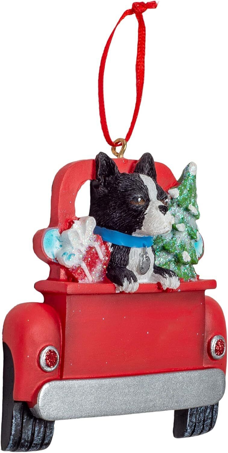 Kurt Adler Boston Terrier Dog in Back of Truck Hanging Ornament 5 in. High,