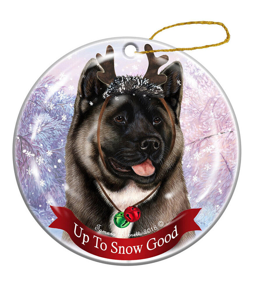 Holiday Pet Gifts Silver Akita Reindeer Dog Porcelain Christmas Ornament