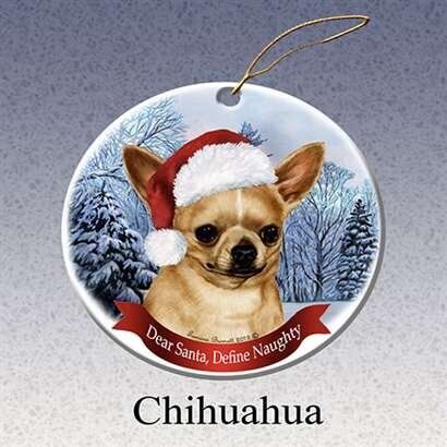 Fawn Chihuahua Dog Santa Hat Christmas Ornament Porcelain