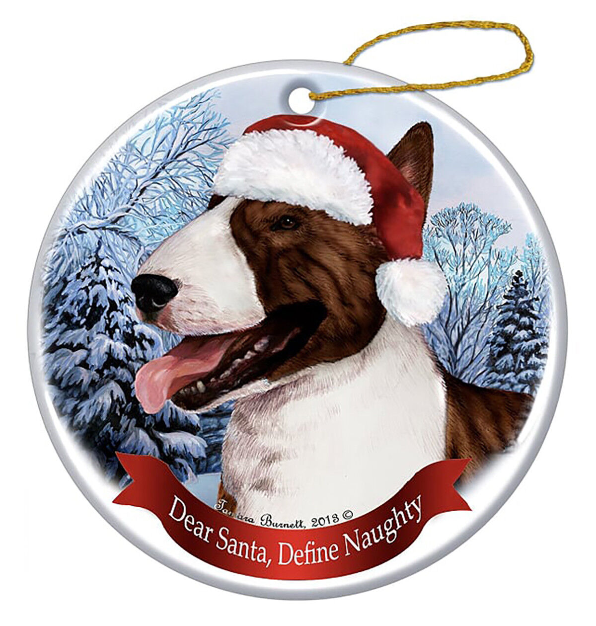 Holiday Pet Gifts Bull Terrier Brindle Dog Santa Hat Porcelain Ornament