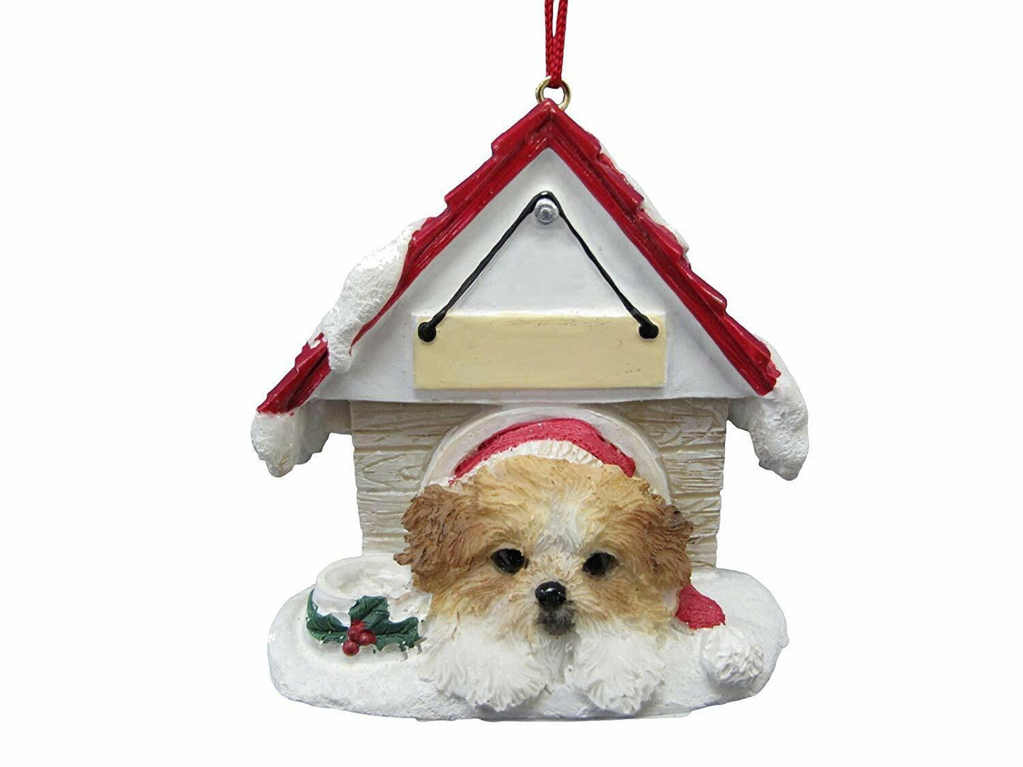 Shih Tzu Puppycut, Tan & White Doghouse Ornament Hand Painted