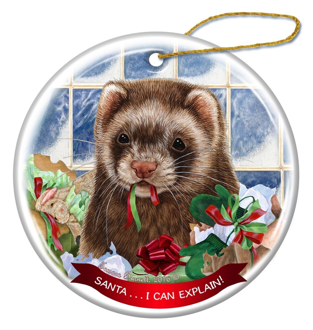 Ferret Sable Porcelain Hanging Ornament Pet Gift 'Santa.. I Can Explain!'