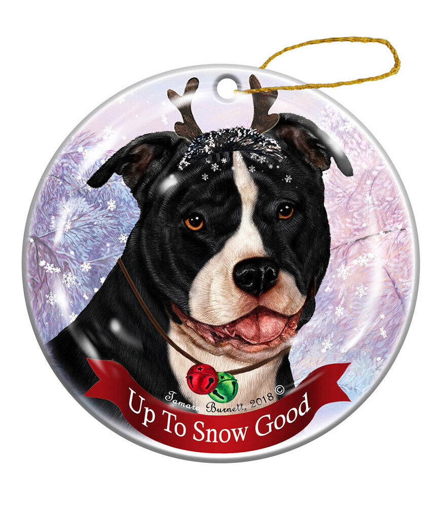 Holiday Pet Gifts Black and White Pit Bull Uncropped Dog Porcelain Christmas