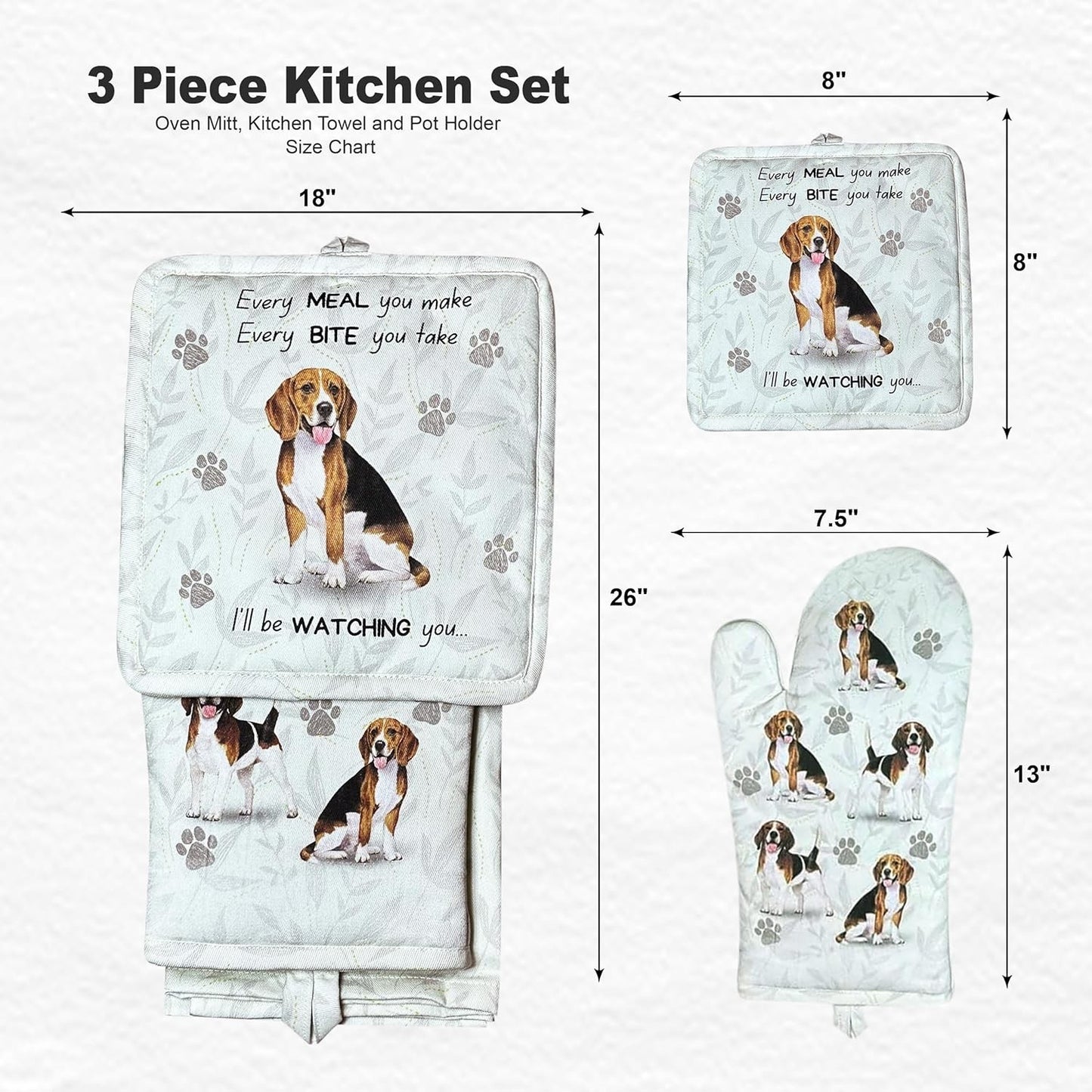E&S Pets Beagle Dog 3 Piece Kitchen Set - Oven Mitt, Towel, Pot Holder