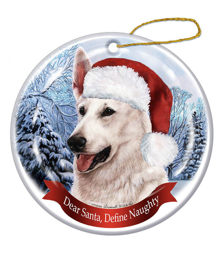 German Shepherd (White) Dog Santa Hat Christmas Ornament Porcelain USA-made