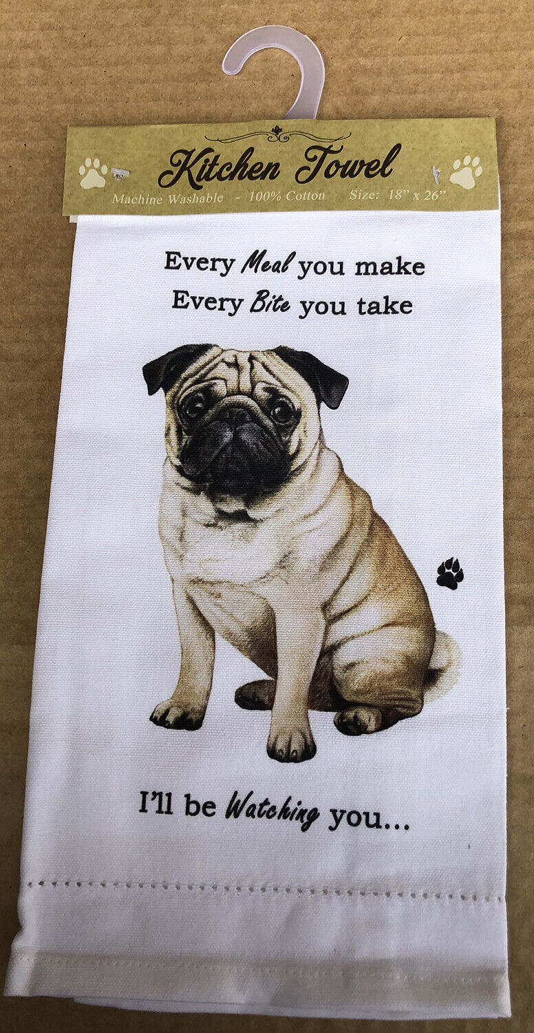 E&S Pets 711-31 Pug Dog Kitchen Towel, Off-white