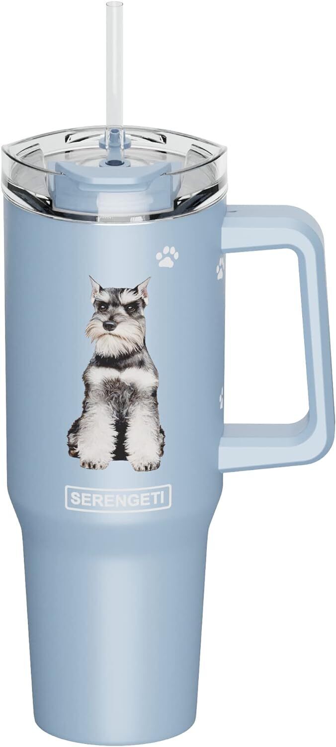 Serengeti 40 Oz Schnauzer Dog Stainless Steel Tumbler w Handle, Straw & Lid