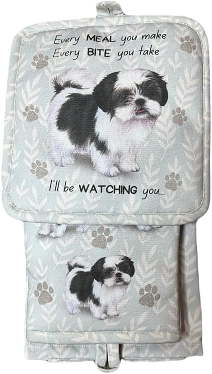 E&S Pets Black/White Shih Tzu 3 Piece Kitchen Set- Oven Mitt, Towel, Pot Holder