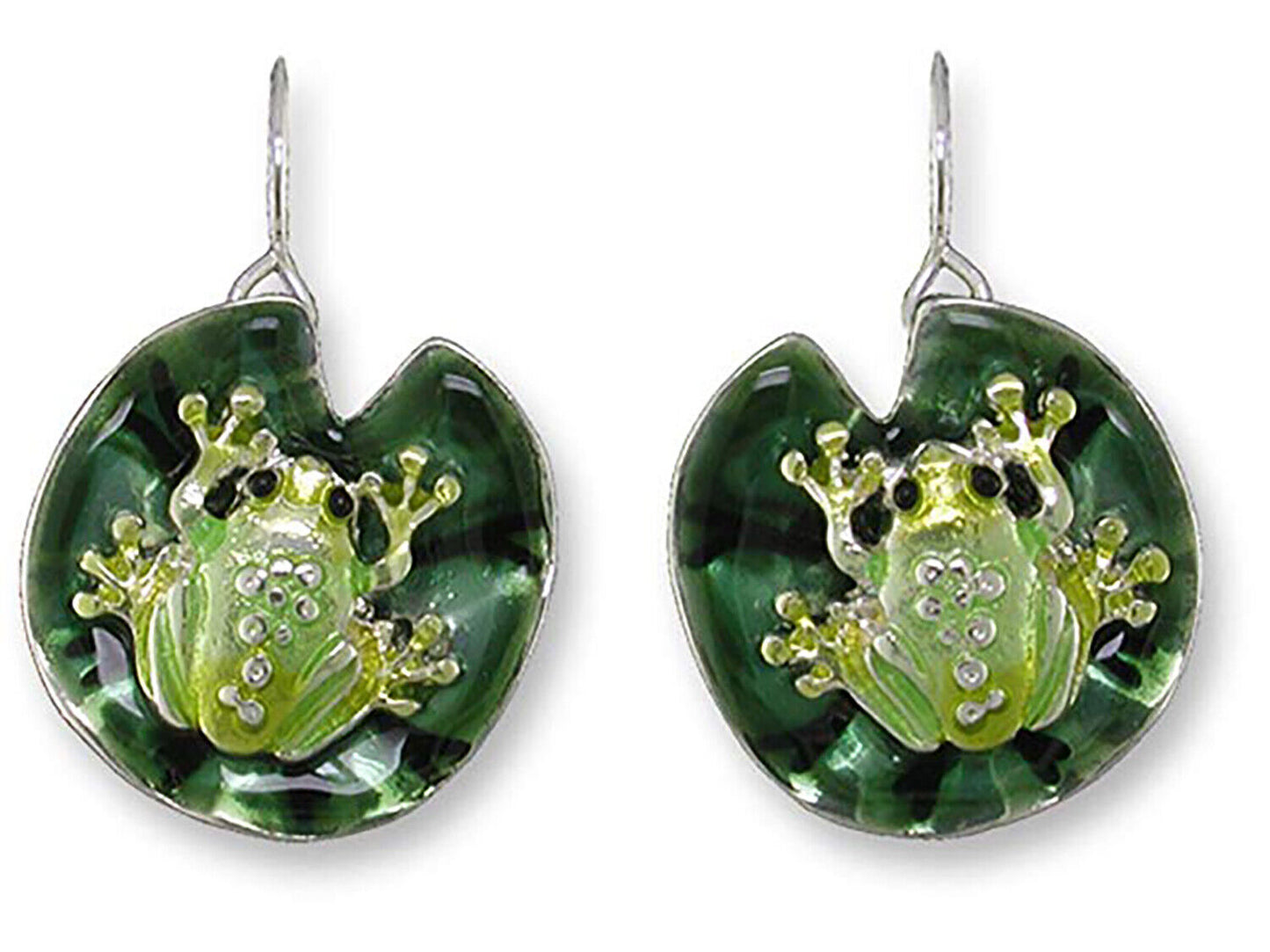 Frog on a Lily Pad Ultrafine Enamel Dangle Earrings By Zarah