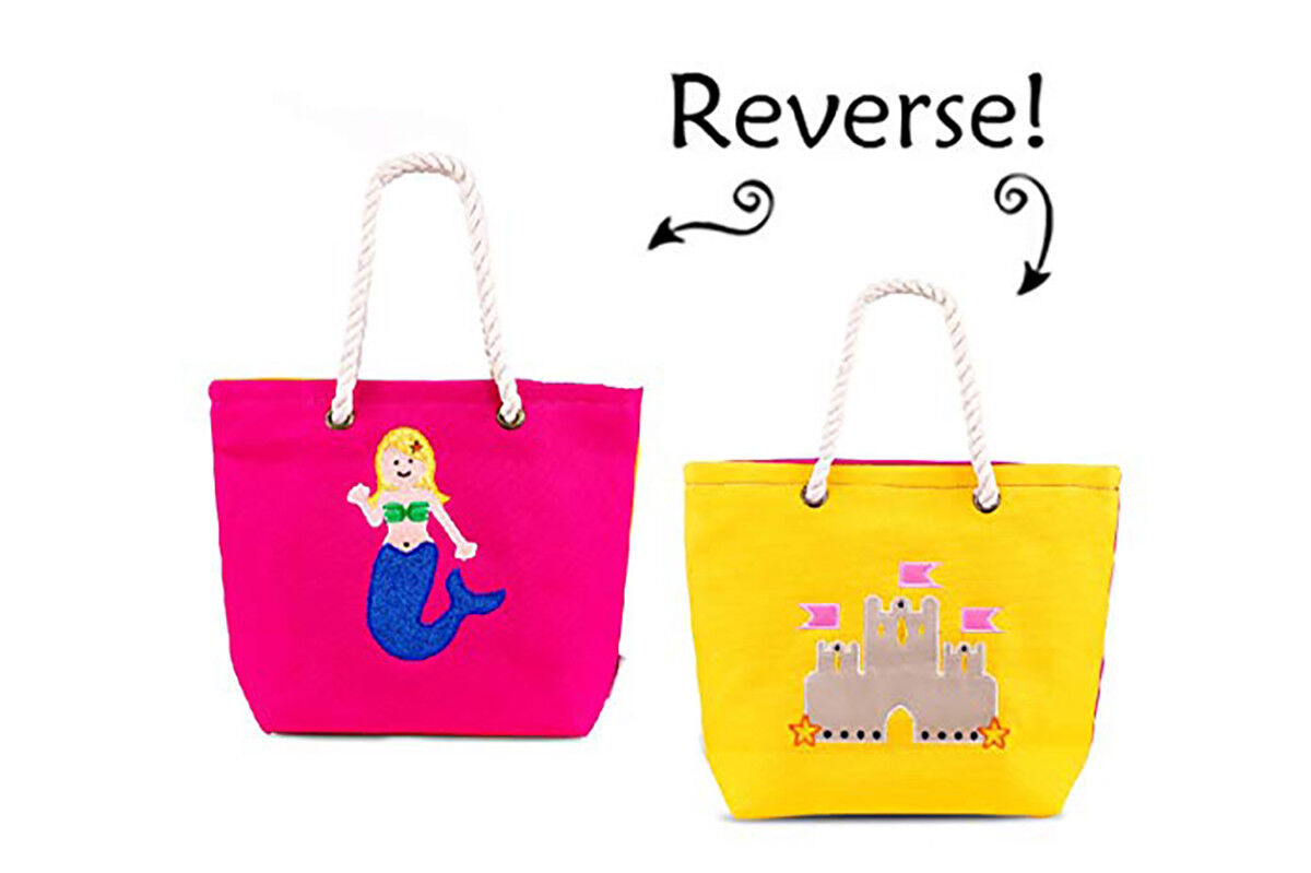 FlapJackKids Two-Sided Beach Bag Tote Cotton Canvas Mermaid / Sandcastle