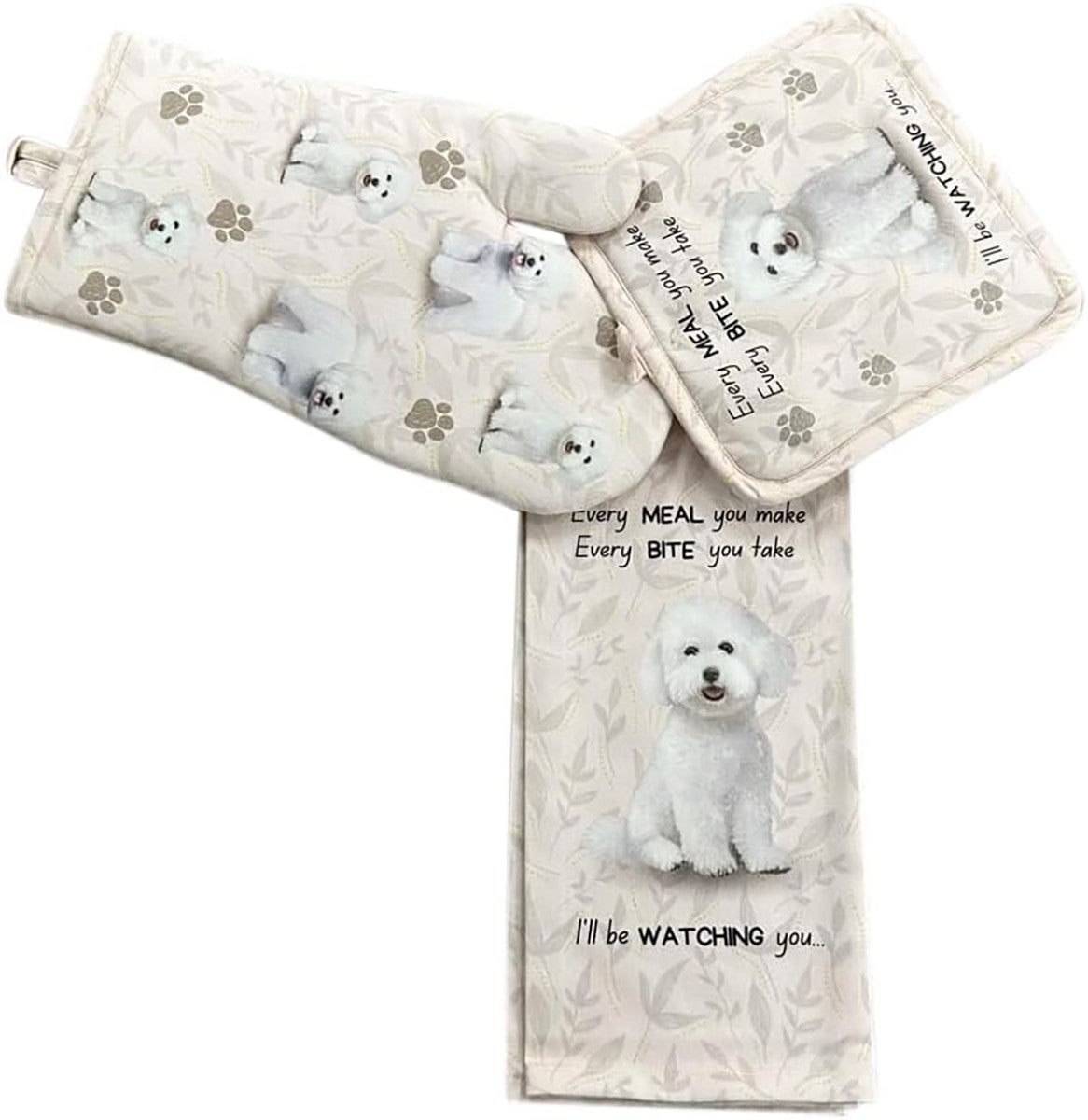 E&S Pets Bichon Frise Dog 3 Piece Kitchen Set - Oven Mitt, Towel, Pot Holder