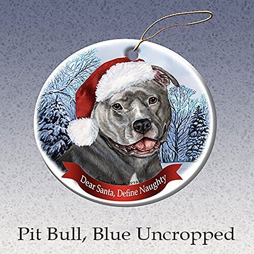 Holiday Pet Gifts Blue Pit Bull (Uncropped) Santa Hat Dog Porcelain Ornament