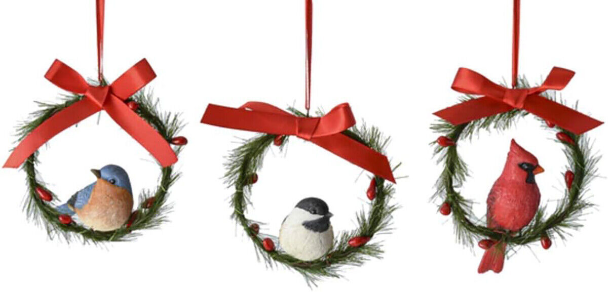 Ganz MX179718 Cardinal, Bluebird,Chickadee Wreath Ornaments, Set of 3, 4.75"