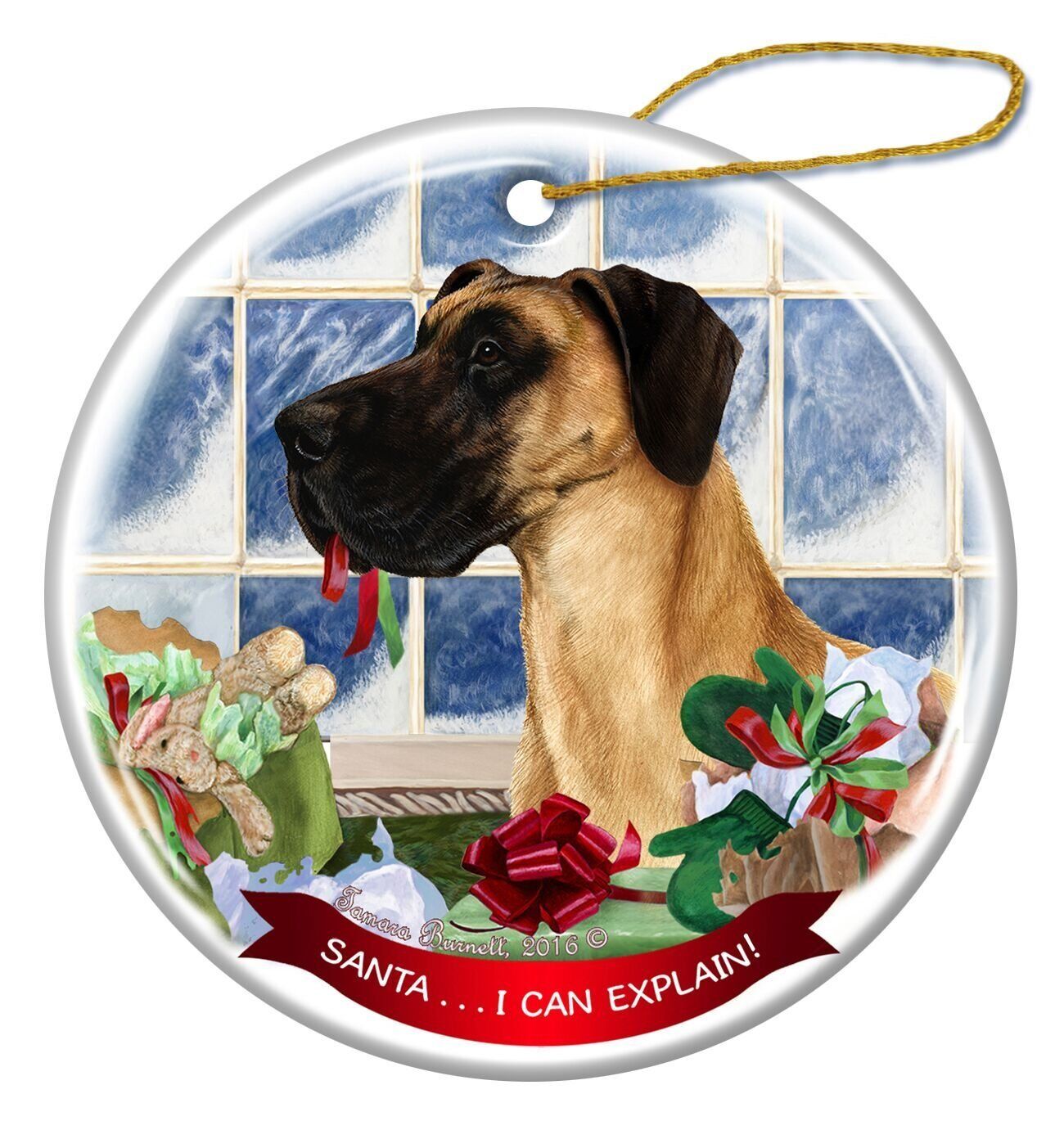Fawn Great Dane Uncropped Dog Porcelain Ornament 'Santa.. I Can Explain!'