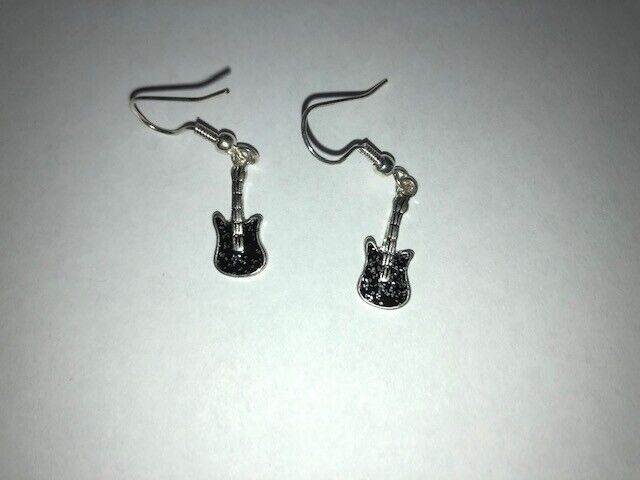 Electric Guitar Black Enamel 3D Silver Plated Lead Free Pewter Music Earrings