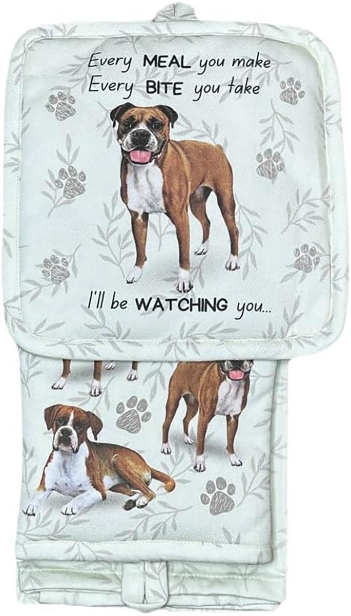 E&S Pets Boxer Dog 3 Piece Kitchen Set - Oven Mitt, Towel, Pot Holder