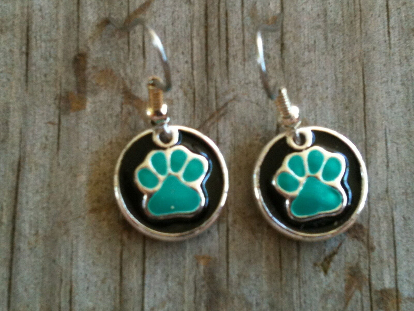 Silver Plated Teal Paw Print on Black Disc Hand Enameled Earrings