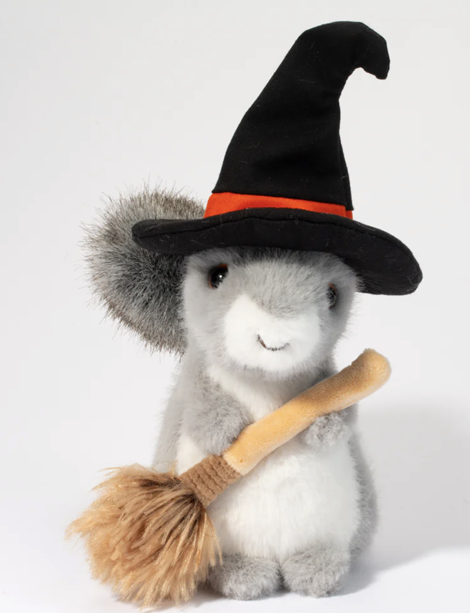 Douglas Gray Squirrel with Witch Hat and Broom Plush Stuffed Animal Toy, 8.5"