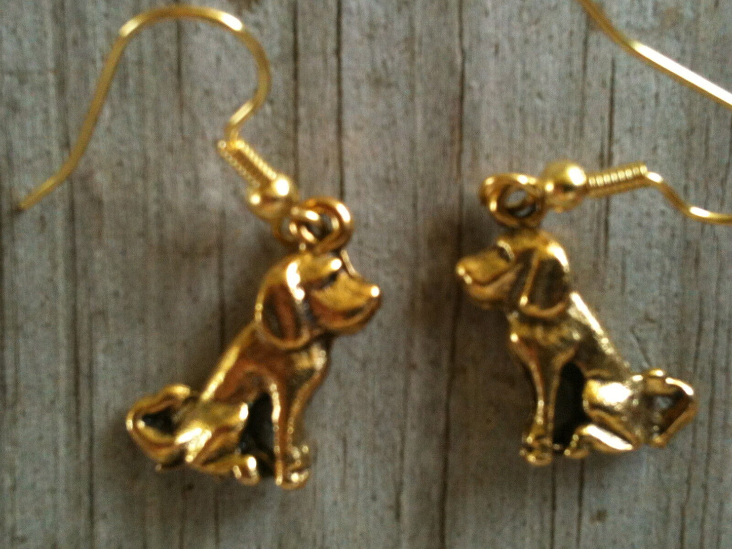 Sitting Sideways Long Tail and Ears Dog Gold Plated Lead Free Pewter Earrings