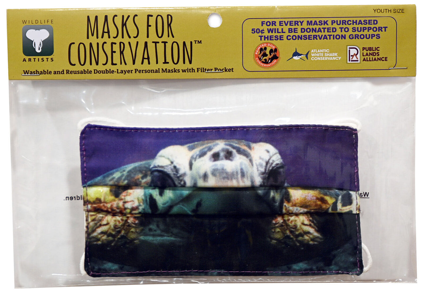 Wildlife Artists Fun Youth Animal Face Masks, Washable, Reusable - Sea Turtle