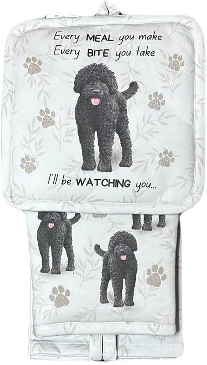 E&S Pets Black Labradoodle 3 Piece Kitchen Set - Oven Mitt, Towel, Pot Holder