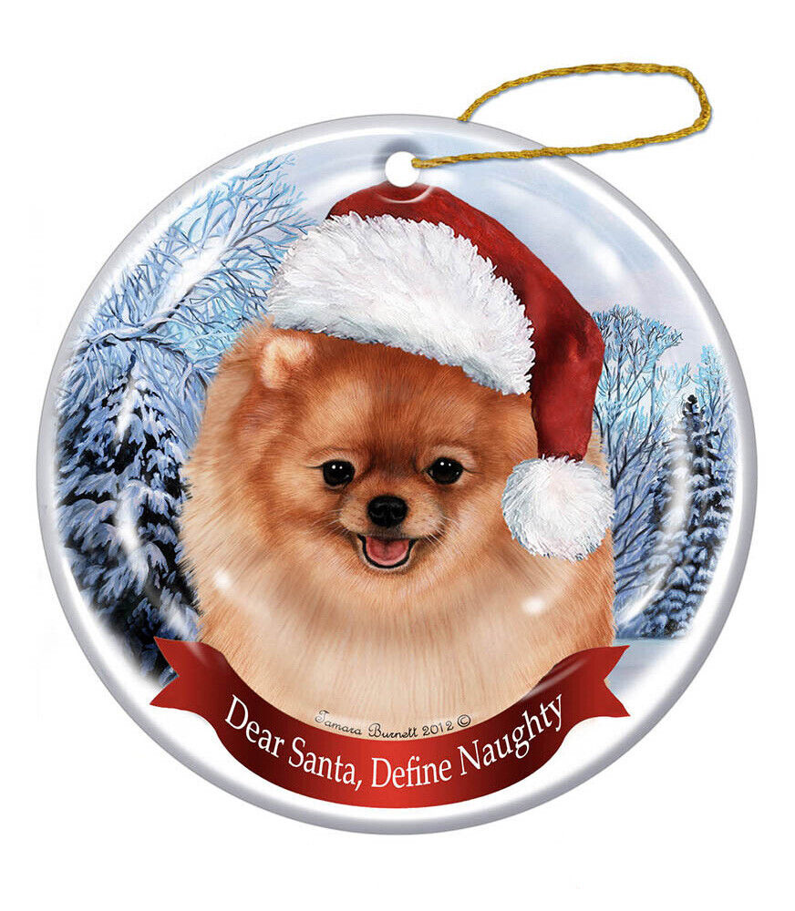 Holiday Pet Gifts Pomeranian, Orange Santa Hat Dog Porcelain Christmas Ornament