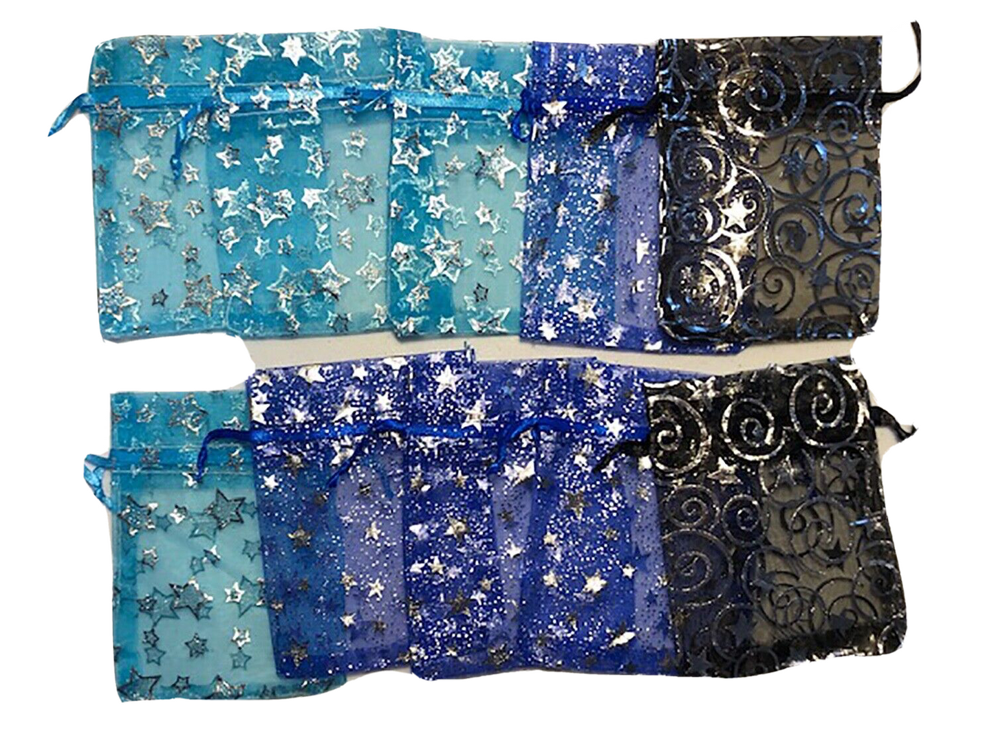 Pouch, 12 organza bags 3x4.5" with drawstring, stars pattern, colors may vary