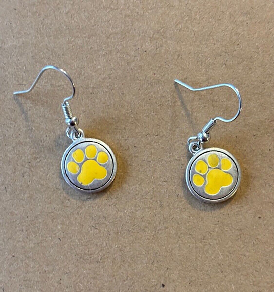 Yellow Gold Paw Print Dog Cat Tiger Silver Plated Enameled Earrings